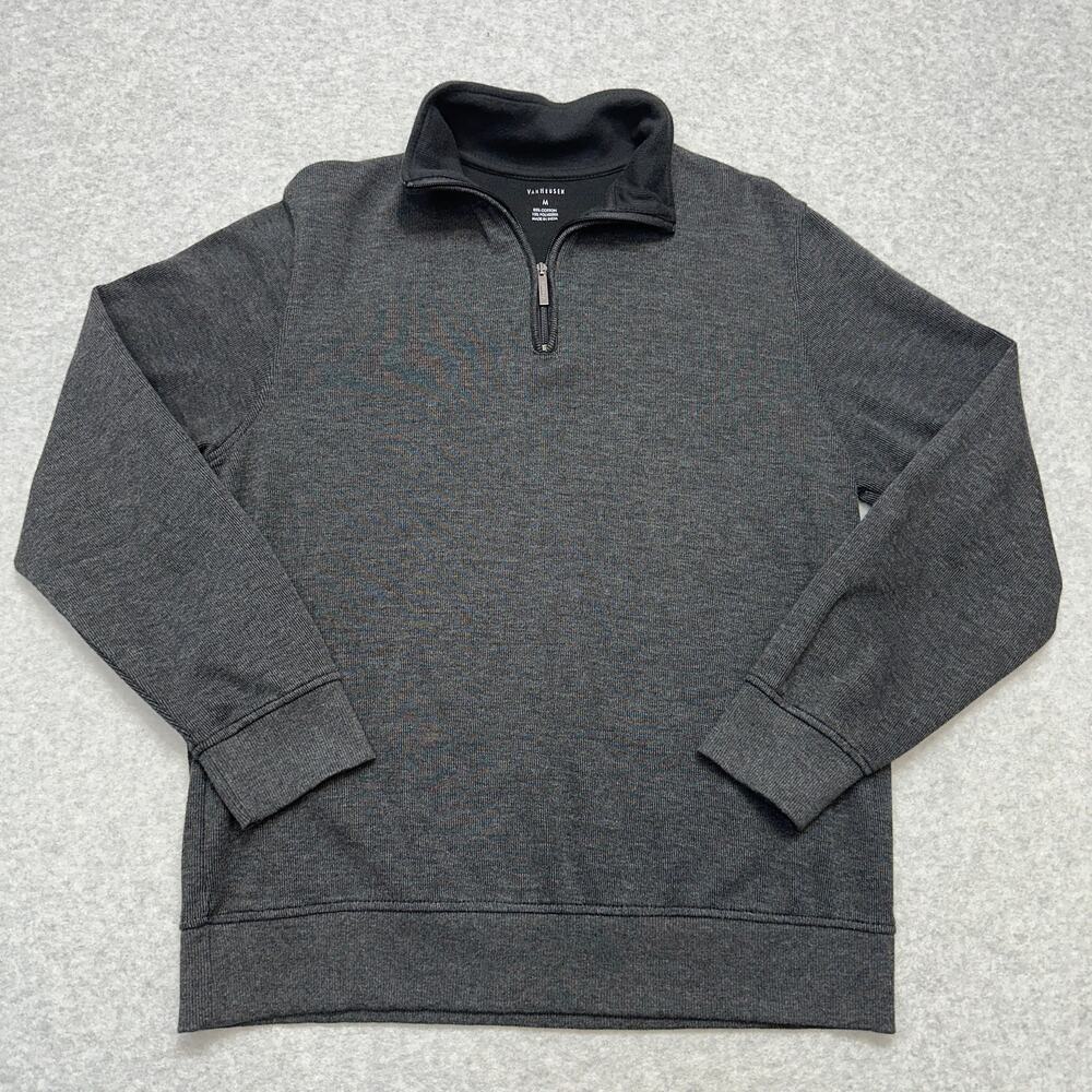 Van Heusen 1/4 Zip Sweater Men's M Gray Modern French Ribbed Long Sleeve Mock